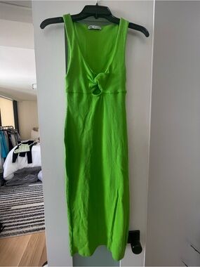 Zara Neon Green Twist-Front Midi Dress